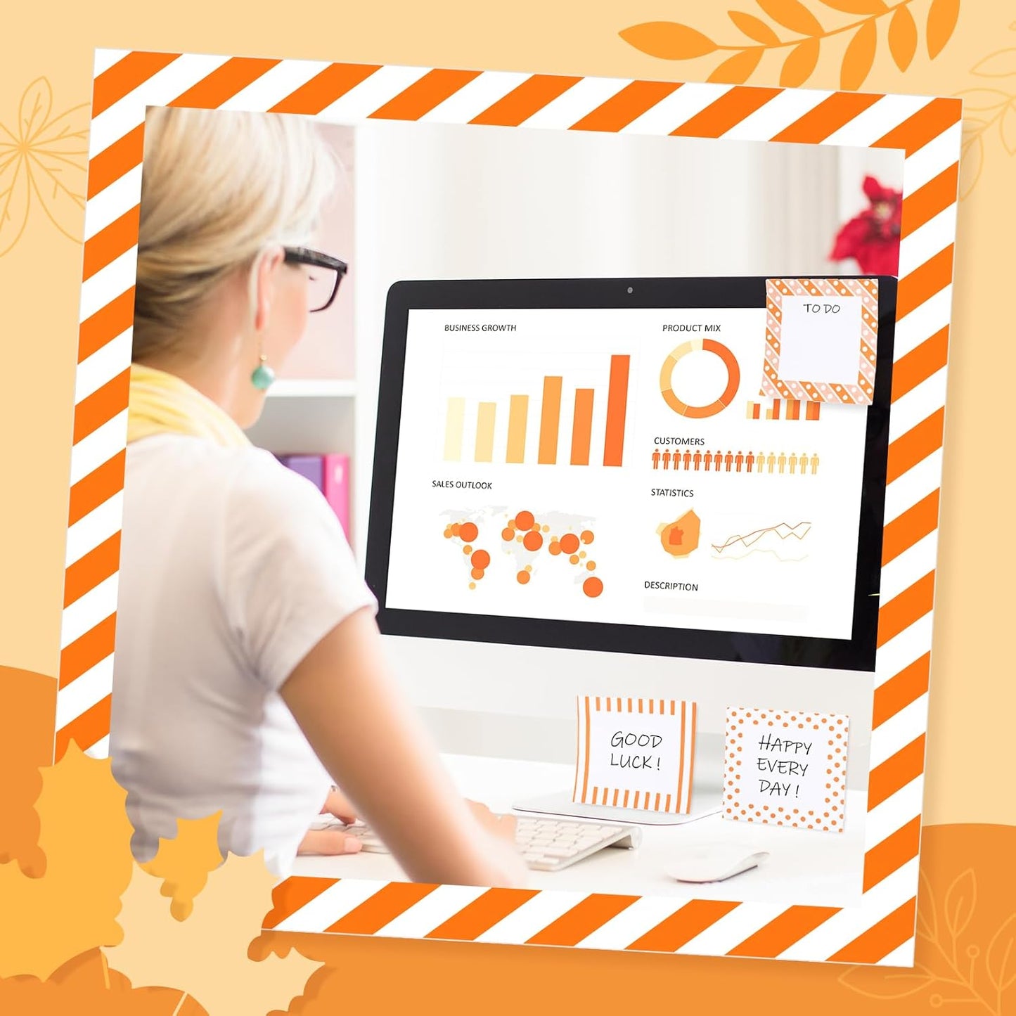 48 pcs Fall Stationery Set Orange-White Autumn Plaid Polka Dot Wave Line Sticky Note Pads with Ballpoint Writing Pens for Autumn Harvest Thanksgiving Party Favors Supplies