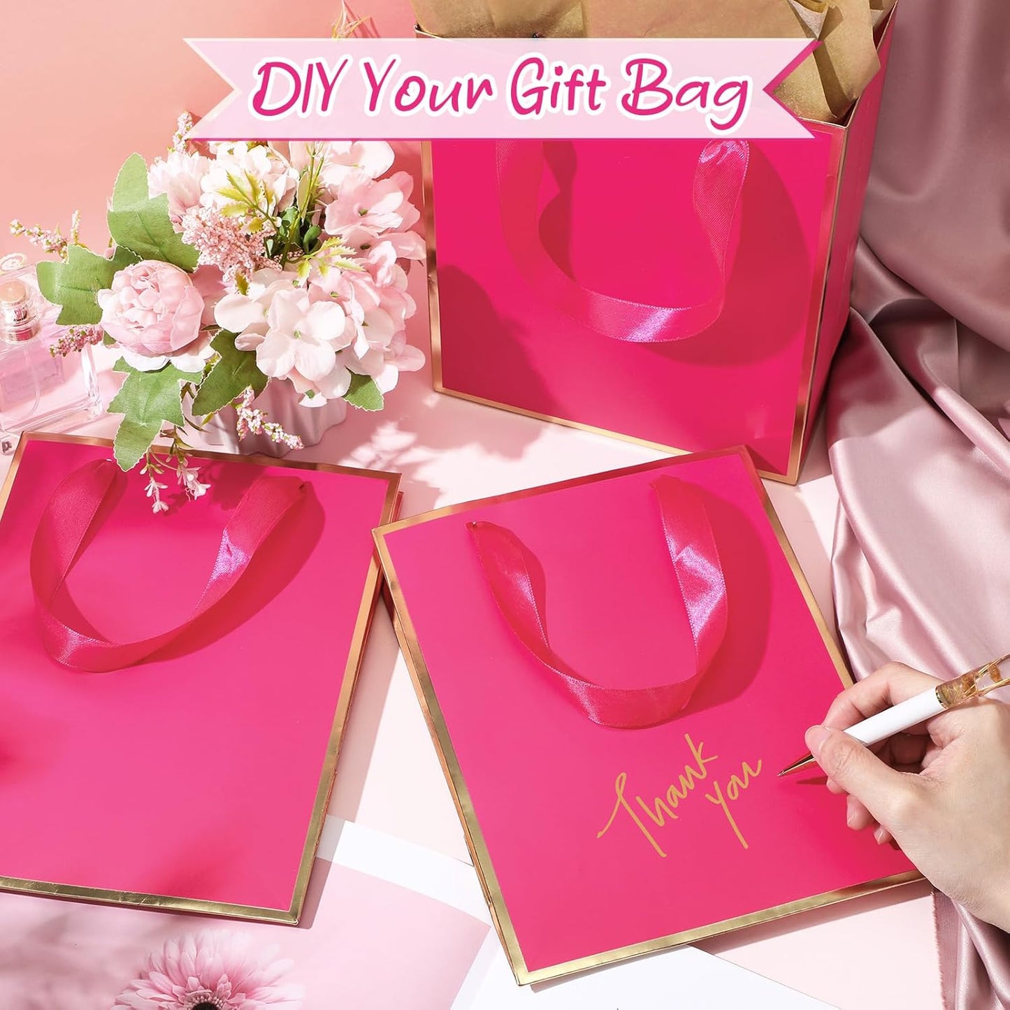 Yeaqee 24 Pack Metallic Paper Gift Bags with Handle and Tissue 9x7x3.1 Gold Foil Welcome Favor Bags Return Gifts for Wedding Fall 5 Senses Christmas Bridesmaid Birthday(Hot Pink and Gold)