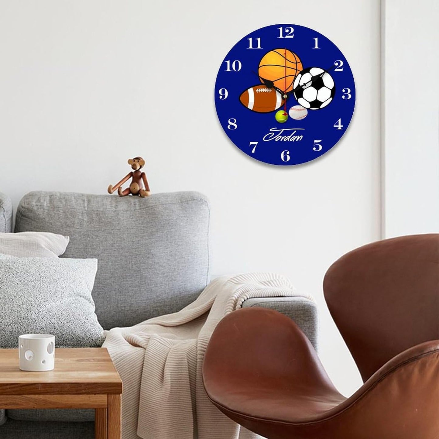 Blue Sports Ball Personalized Kids Name Wood Wall Clocks Rustic Battery Operated 12 inch Non Ticking Sports Decor Wall Clock for Kids Rooms Boys Girls,Nursery Wall Clock,Custom Kids Clock with Name