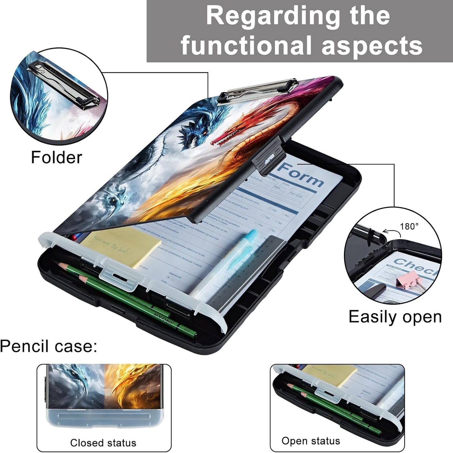 Clipboard with Storage - Large Capacity,Nursing Clipboard with Pen Holder,Heavy Duty,Plastic Side-Opening Folder for Teacher,Nurse - Blue Red Dragon