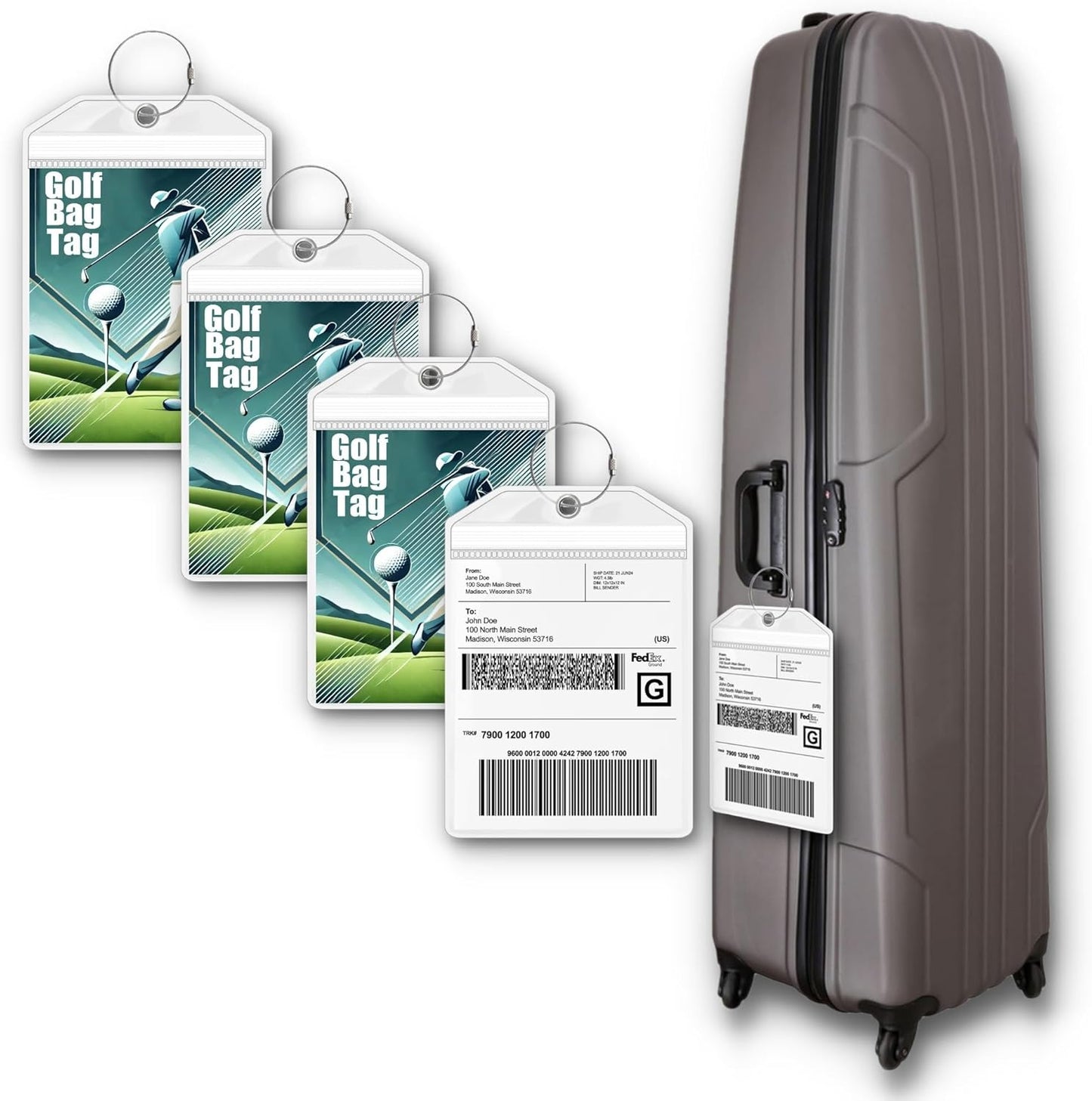 Golf Bag Luggage Tag - Extra Large 9" x 6", Waterproof Plastic Zipper Pouch, PVC Tags - Sealable Label Holder (4)