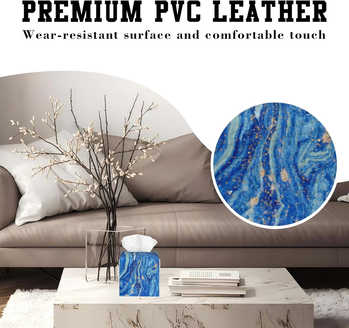 Blue and Gold Liquid Marble Tissue Box Cover Square, Tissue Box Holder Leather Facial Paper Case Decorative Organizer Holder Dispenser Home Office Car Decor