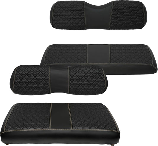 XUANYUDG0769 Golf Cart Front and Rear Seat Covers for EZGO TXT/RXV Club Car DS/Precedent Yamaha G29, Vinyl Leather Made/Adjustable Straps and Retractable Buckle/No Stapler Required,4PCS