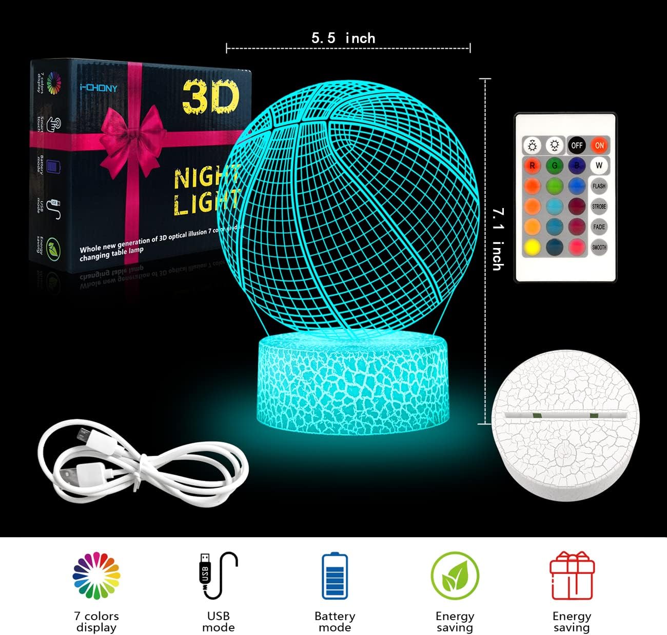 i-CHONY Basketball 3D Illusion Night Light Lamp,16 Colors Dimmable Basketball 3D Led Light,with Remote & Smart Touch,Basket Ball Gifts for Adults Teens Boys Girls Kids Birthday Christmas