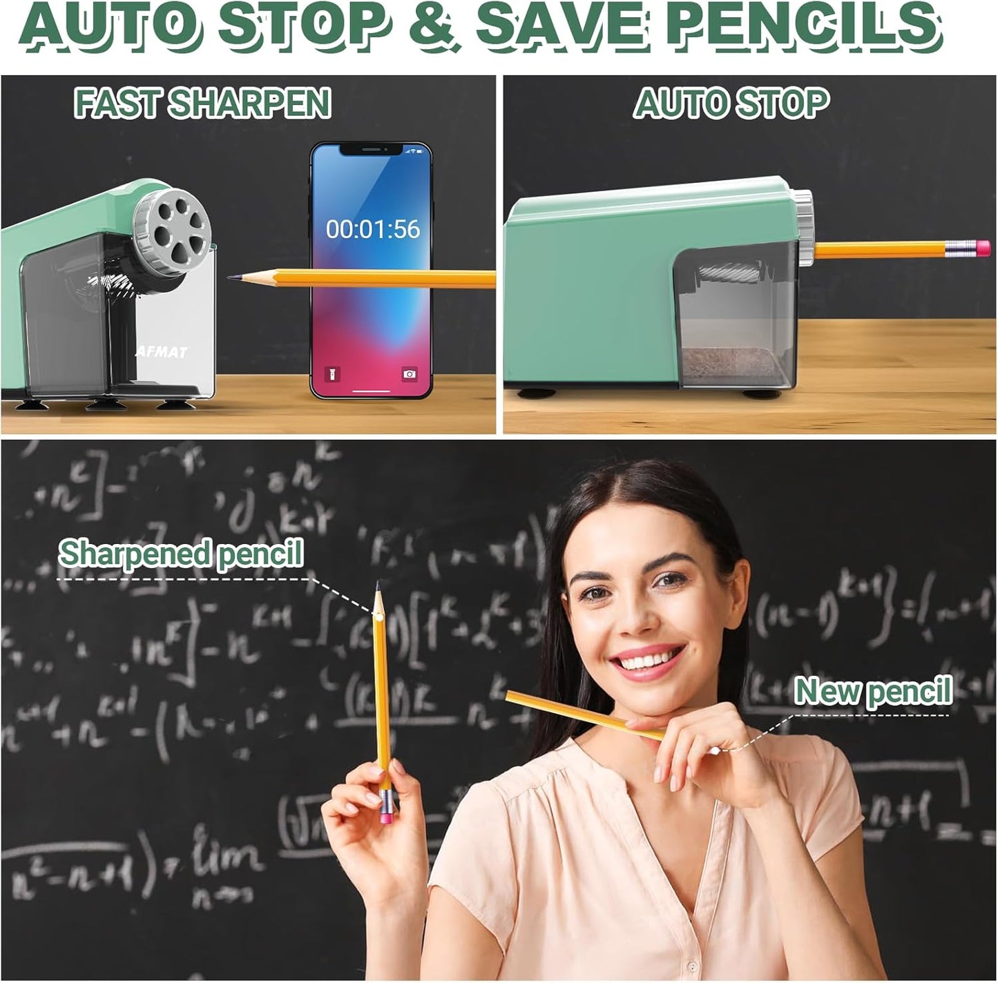 AFMAT PSX4 Electric Pencil Sharpener for 6-11mm Pencils, 6 Holes, Heavy Duty Pencil Sharpener for Classroom, Auto Stop Pencil Sharpeners Plug in, 10,000+ Sharpenings, Save Colored Pencils, Green