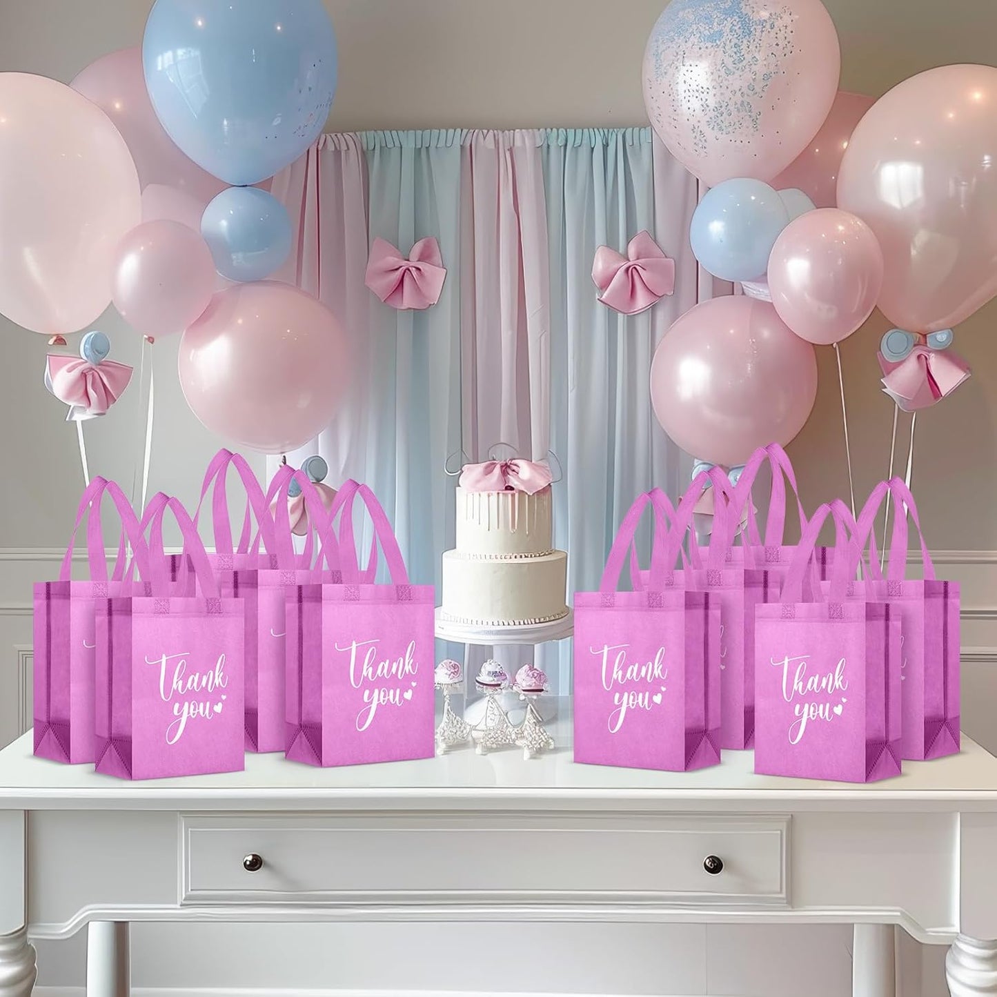 Sweetude 30 Pcs Thank You Gift Bags with Handles Bulk Reusable Goodie Bag Non Woven Foldable Handbag for Graduation Wedding Bridesmaid Gifts (10 x 8 x 4 Inch,Pink)