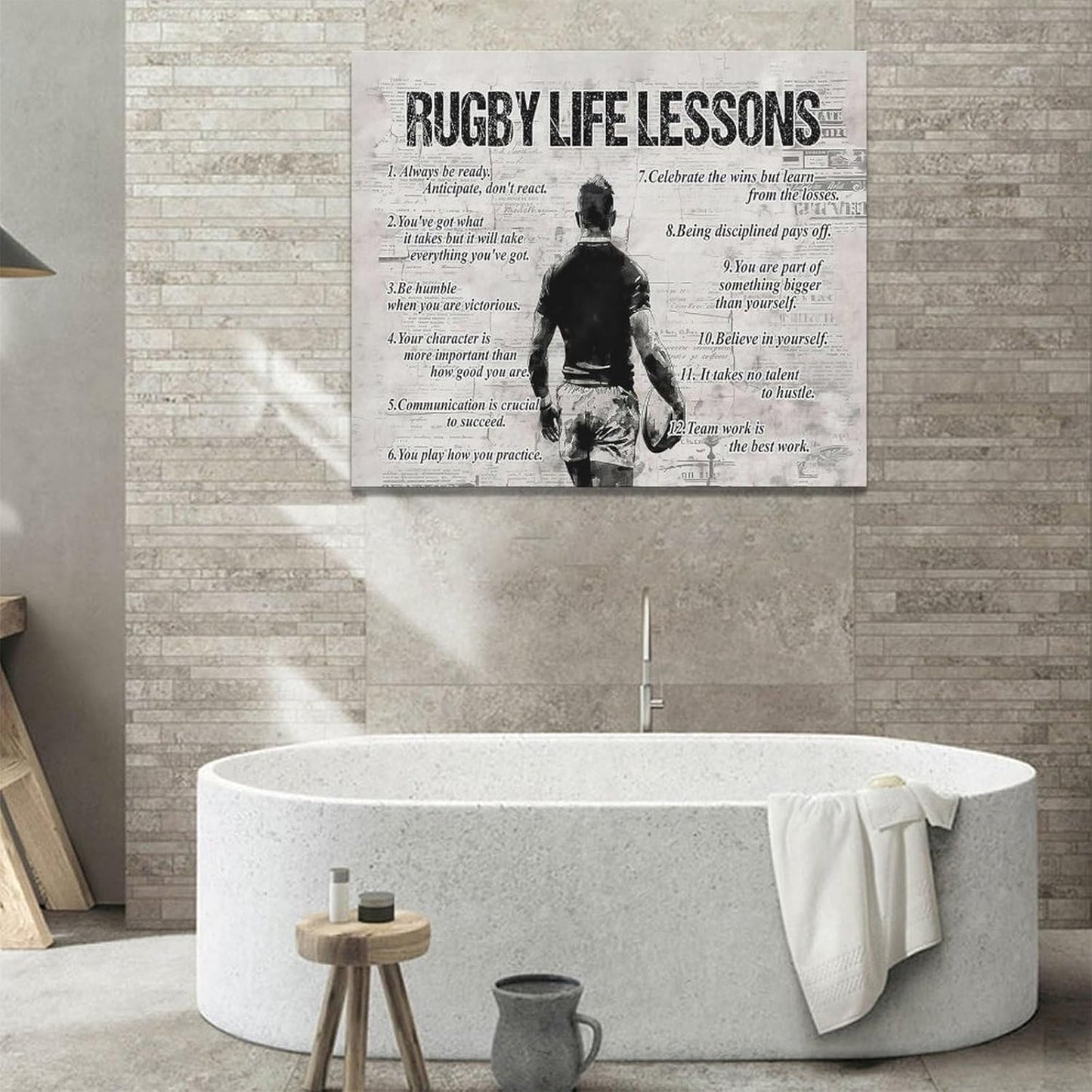 Rugby Life Lessons Wall Art Rugby Sports Wall Decor Rugby Sign Retro Poster Boy Men Motivational Decorations Canvas Print Painting Artwork for Bedroom Bathroom Living Room Gym 24"x20"