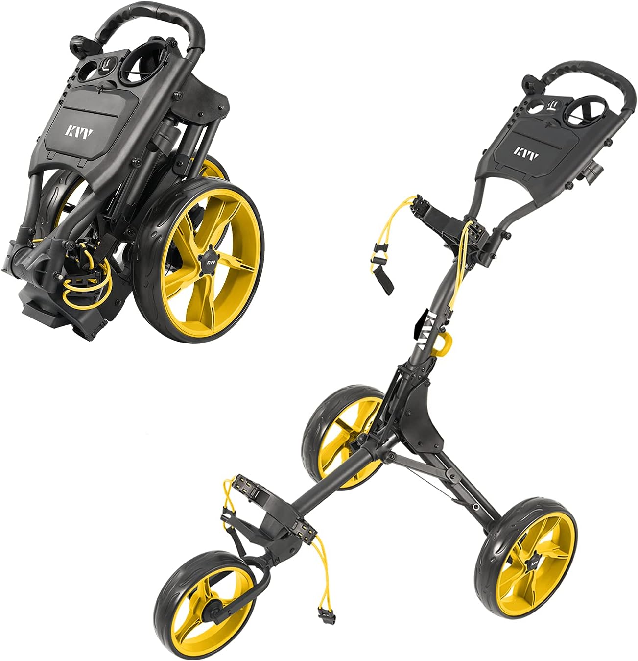 KVV 3 Wheel Golf Push Cart Ultra Lightweight Smallest Folding Size, New-Version Scorecard Holder