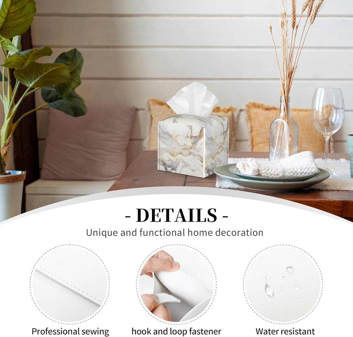 White Gold Marble Tissue Box Cover Square, Modern Abstract Marble Texture Tissue Box Holder Waterproof Leather Facial Paper Organizer Dispenser for Bathroom Home Car Nightstand Vanity Desk