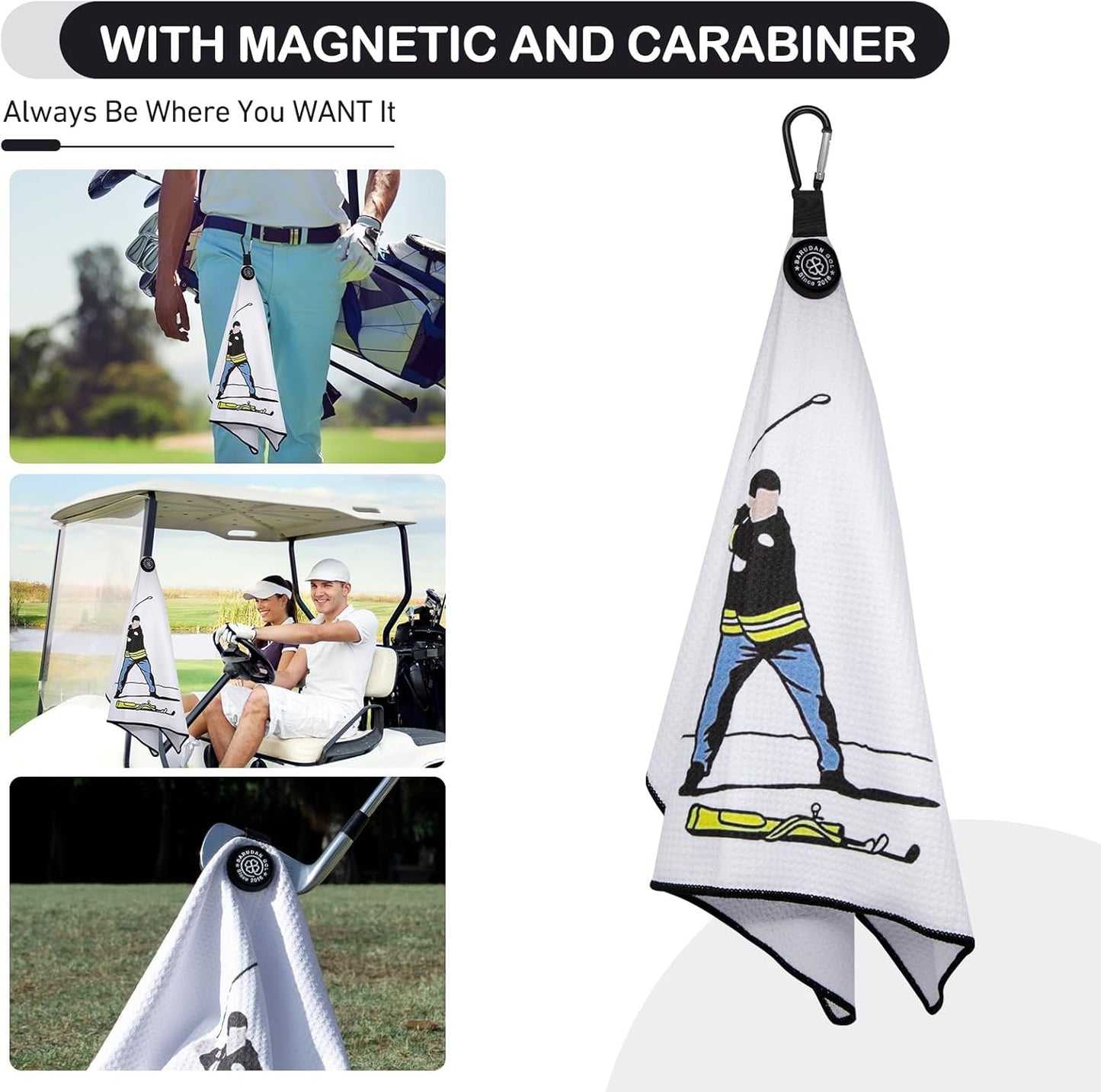 Magnetic Golf Towel for Men Women Golfer - Microfiber Golf Towel Magnet with Waffle Texture - Strengthen Magnet Golf Towels for Strong Hold to Metal Objects ((2.White w/Golfer))