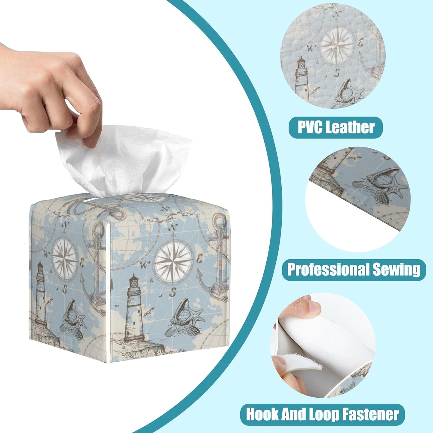 Compass Sea Map Tissue Box Cover,Anchor and Seashells Tissue Box Holder Square,Waterproof Leather Organizer Portable Decorative Facial Paper for Bedroom Dresser Night Stand Office,5.2" x 5.2" x 5.2"
