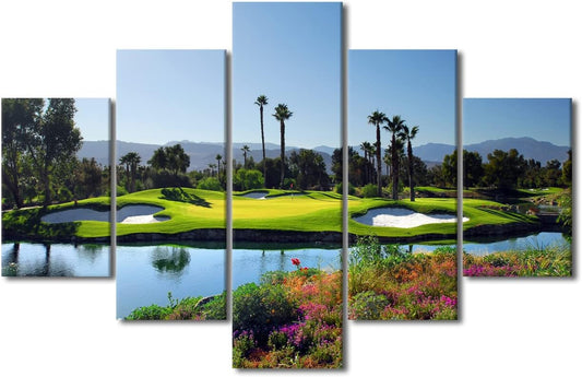 Golfer Pictures for Living Room Golf Course Scenery Paintings Golf Course Artwork 5 Piece Prints Wall Art on Canvas Modern House Decorations Gallery-Wrapped Framed Stretched Ready to Hang - 60"Wx40"H