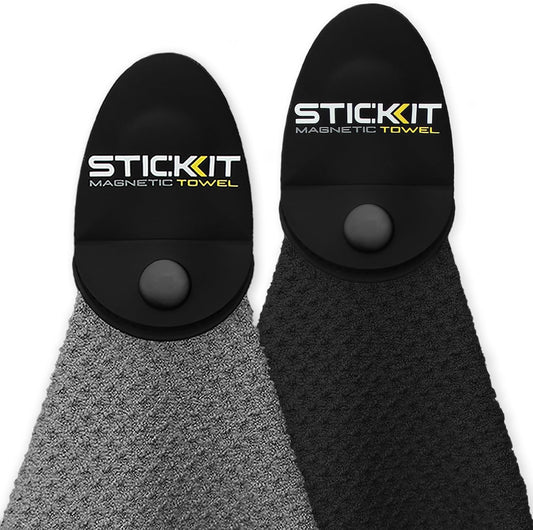 STICKIT Magnetic Golf Towel Gray and Black 2-Pack | Top-Tier Microfiber Golf Towel with Deep Waffle Pockets | Industrial Strength Magnet for Strong Hold to Golf Carts or Clubs