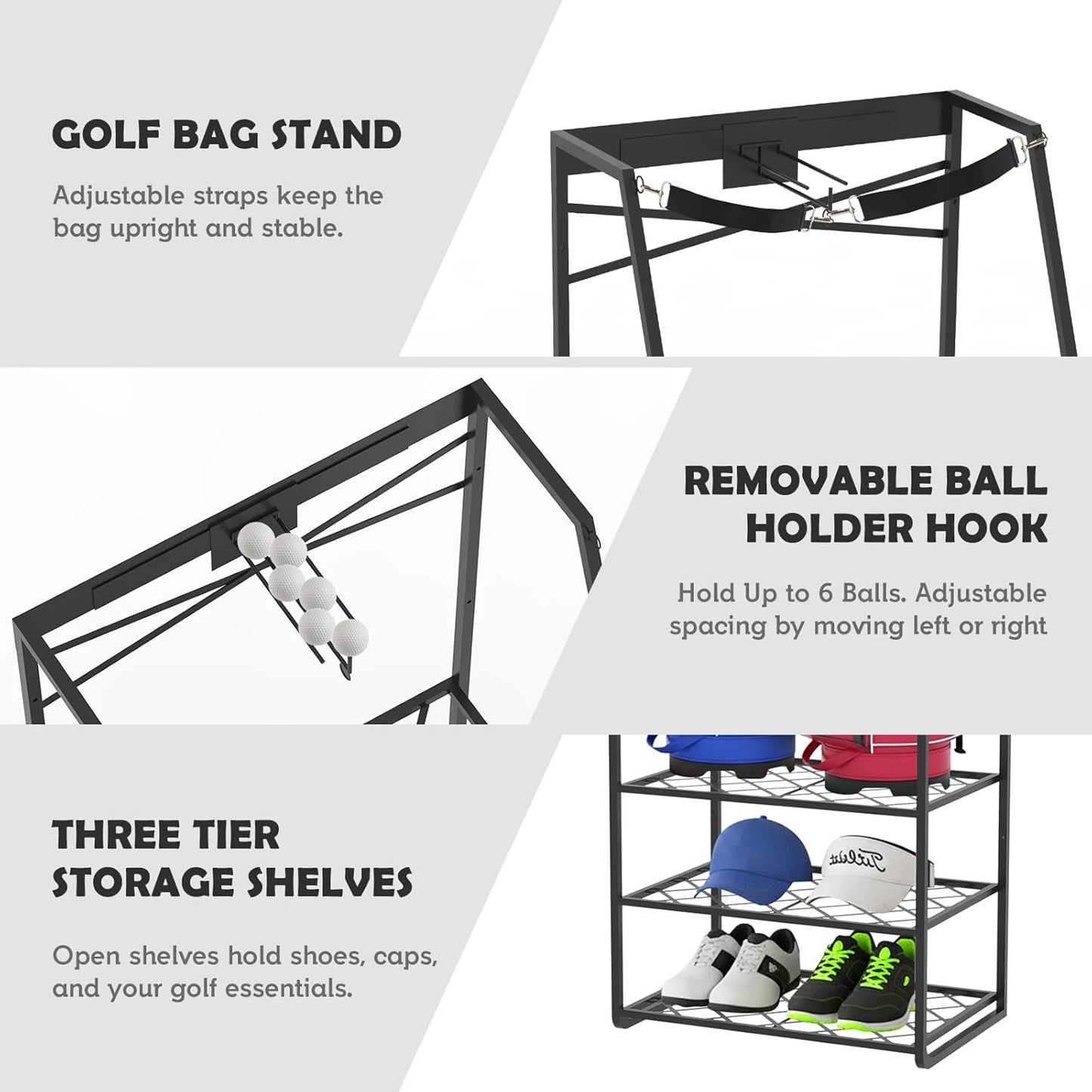 Wall Mount Golf Bag Organizer for Garage, Heavy Duty Golf Storage Rack Holds 2 Bags, Freestanding Golf Bag Stand and Accessories Holder for Home & Shed