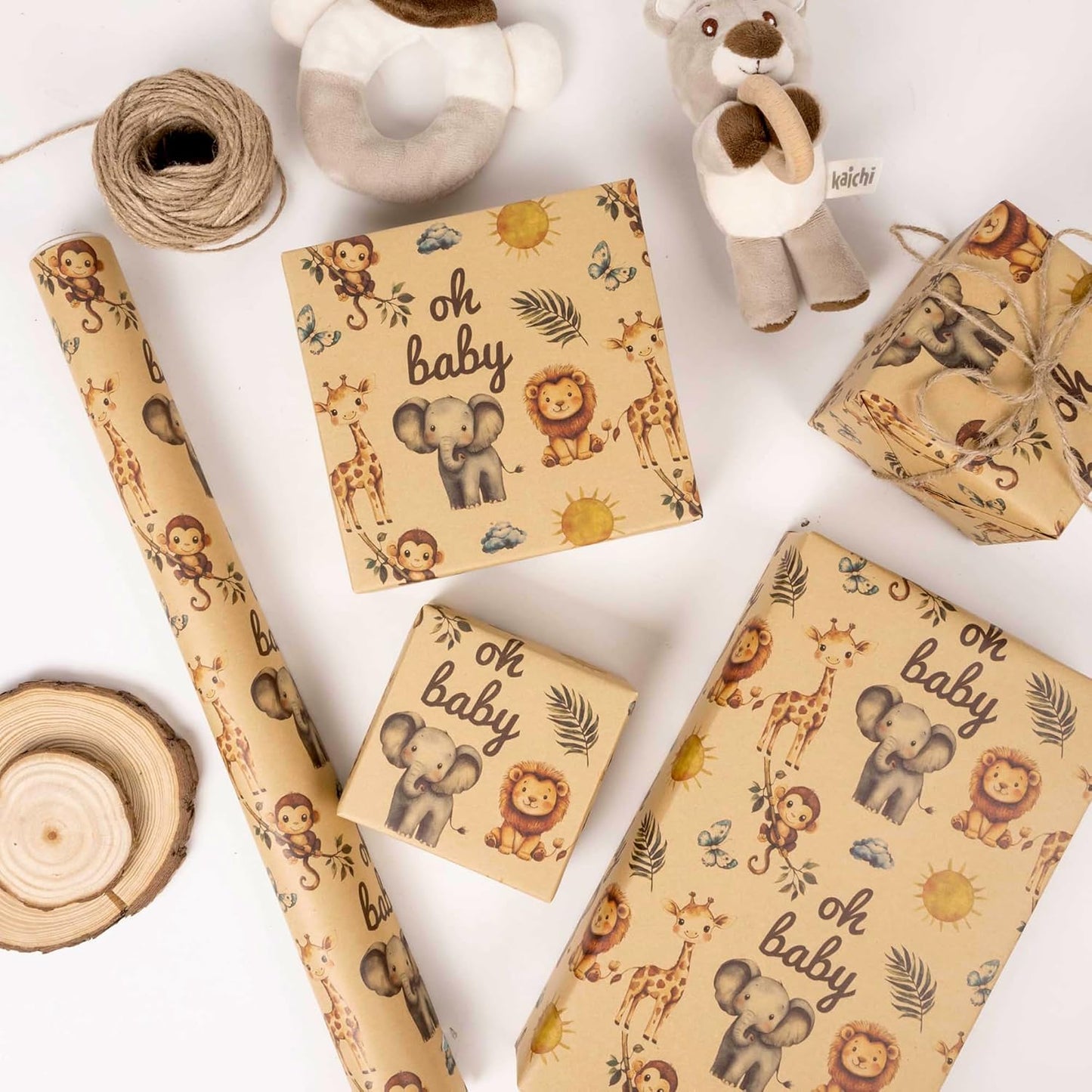 Vnaaem Baby Shower Kraft Wrapping Paper Roll for Kids Boys Girls - Cute Safari Animals & Oh BaBy Baby Gift Wrap for Birthday, Holiday, Baby Shower, Summer Party Favor - 17 in x 20 ft(Total 28.5sq.ft)