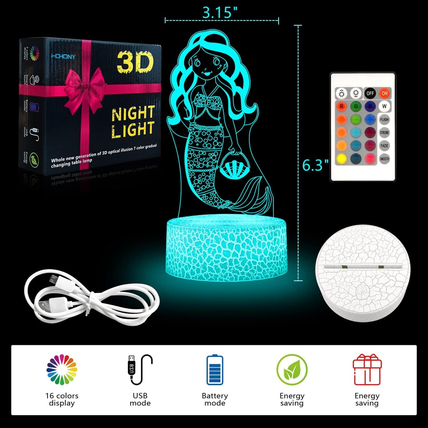 i-CHONY Mermaid Gifts Night Light for Girls,3D Illusion Lamp with Remote & Smart Touch 16 Colors Dimmable Bedroom Decorations Bedside Lamp,Mermaid Toys for Kids Girls Teens Birthday Gift
