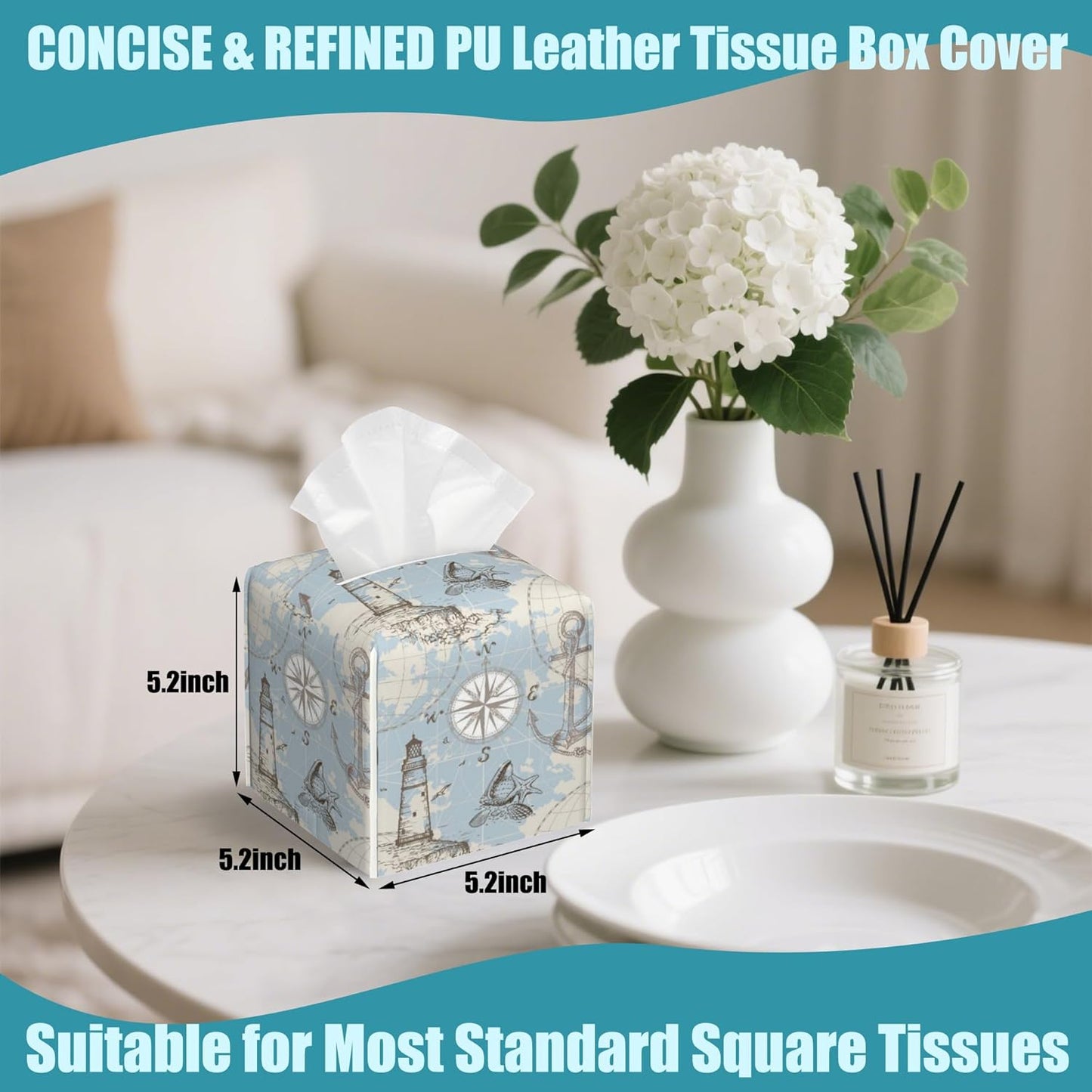 Compass Sea Map Tissue Box Cover,Anchor and Seashells Tissue Box Holder Square,Waterproof Leather Organizer Portable Decorative Facial Paper for Bedroom Dresser Night Stand Office,5.2" x 5.2" x 5.2"