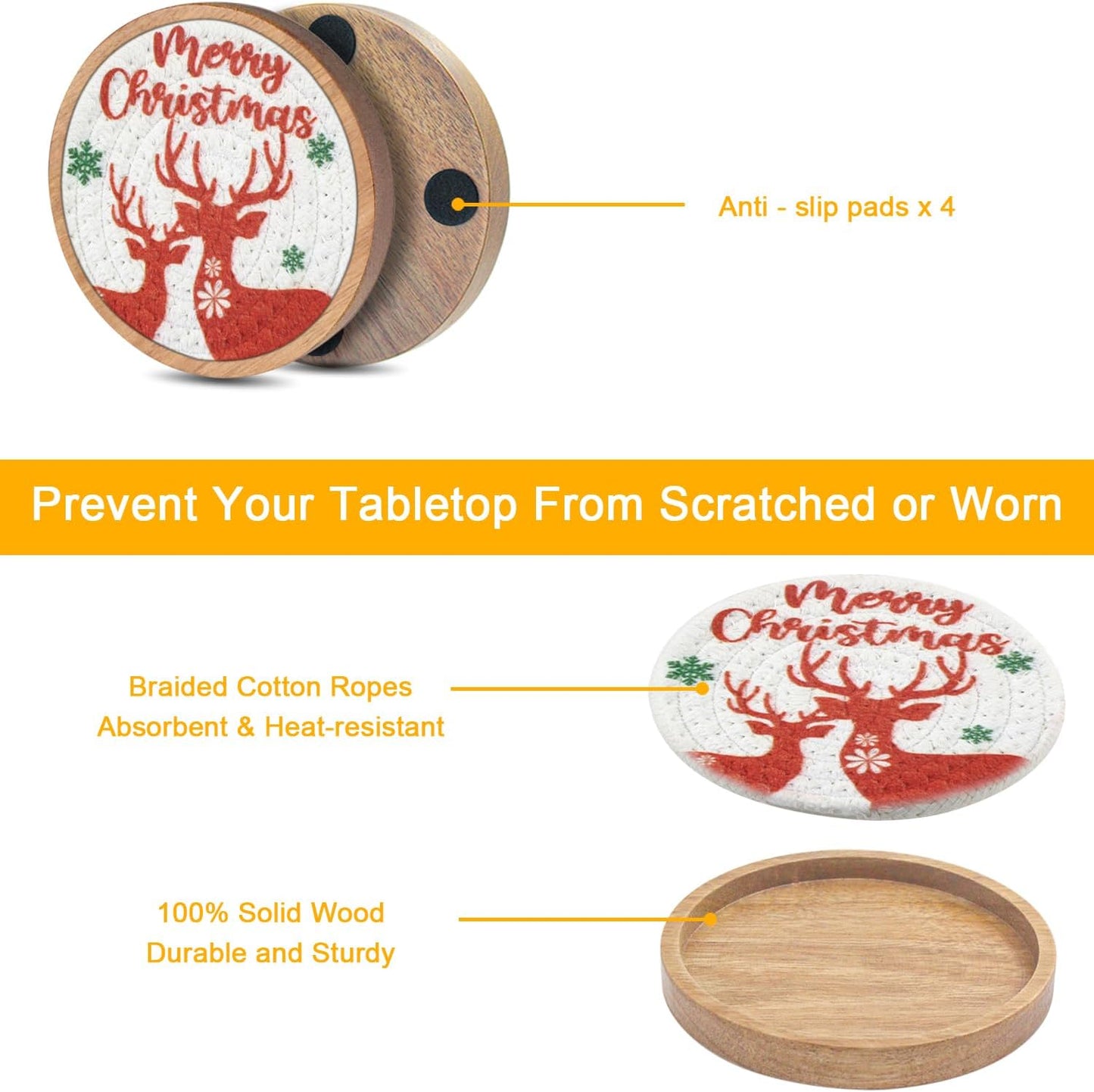 Christmas Coasters Set of 5, Eykao Wood Coasters for Drinks, for Home Decor, Absorbent Coaster for Hot or Cold, Non-Slip, Non-Stick, 4 inches