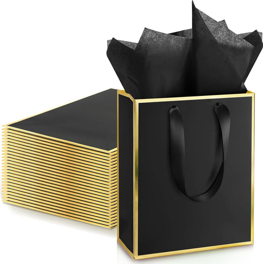 Yeaqee 24 Pack Metallic Paper Gift Bags with Handle and Tissue 9x7x3.1 Gold Foil Welcome Favor Bags Return Gifts for Wedding Fall 5 Senses Christmas Bridesmaid Birthday(Black and Gold)