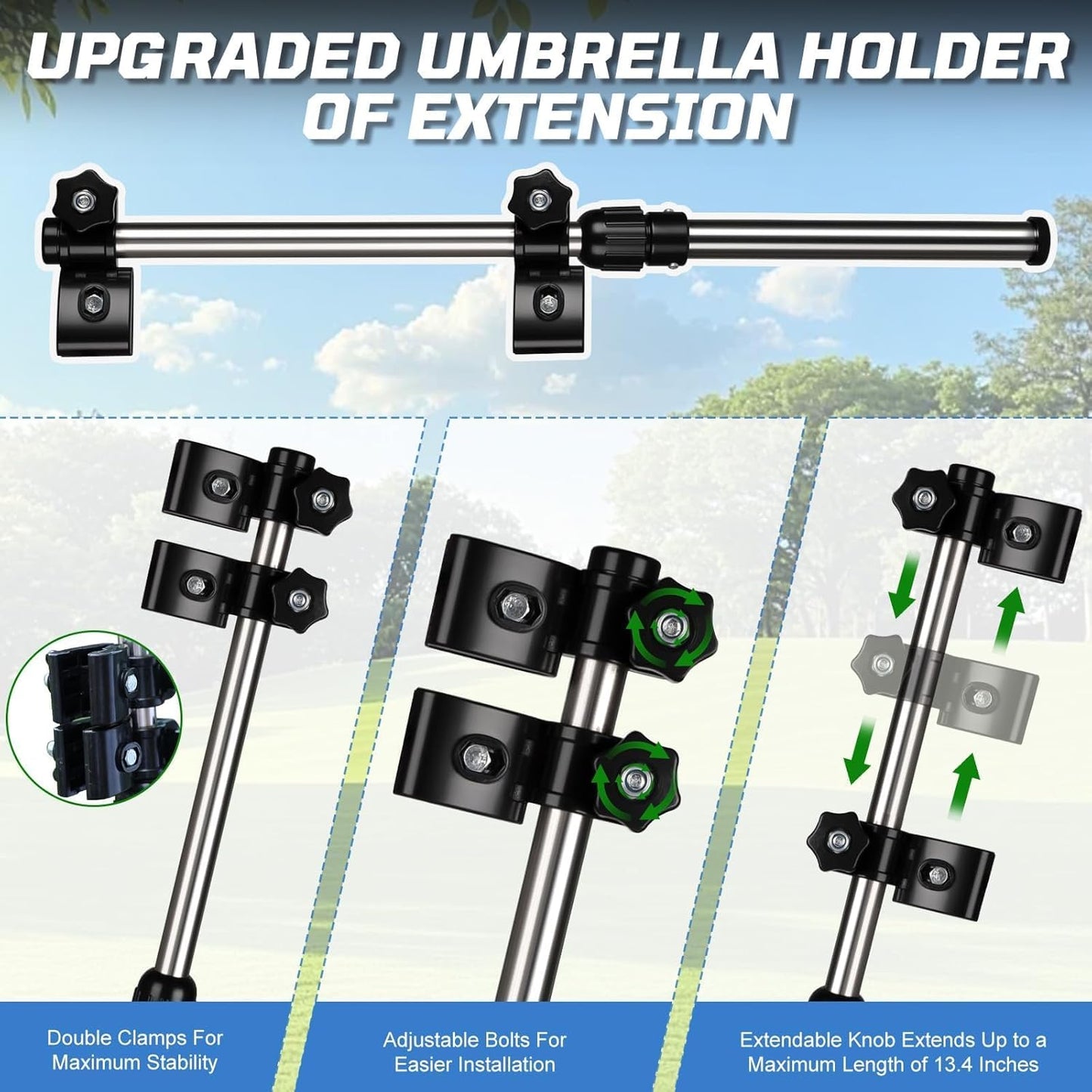 iLSKW Heavy Duty Golf Push Cart Umbrella Holder Upgraded Strong Windproof Design Aluminium Alloy Base with 180 Degrees Adjustment Stroller Umbrella Holder for Mobility Scooter, Wheelchair, Wagon Cart