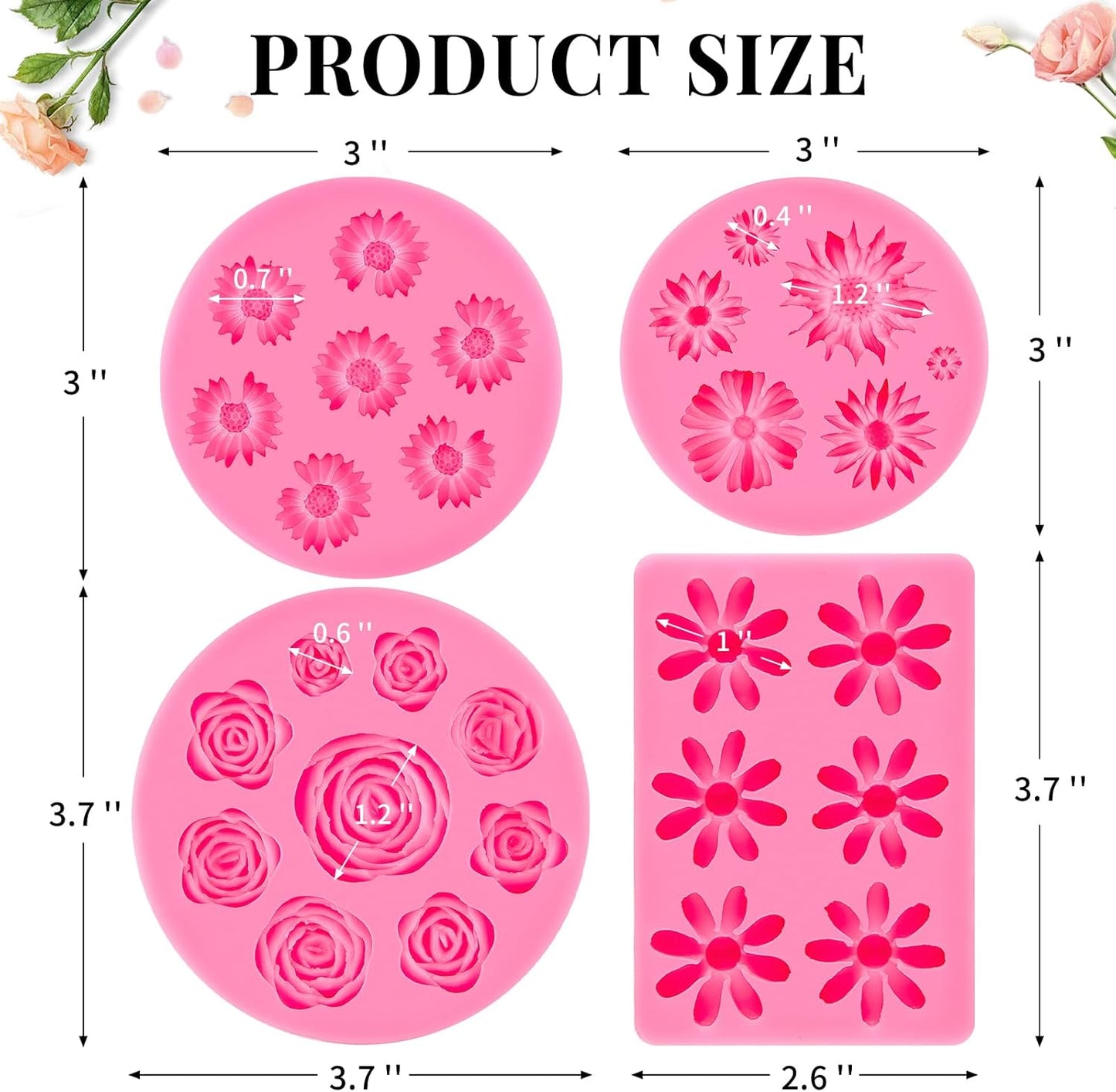 4 Pcs Flower Silicone Fondant Molds, Daisy Rose Flower Chocolate Candy Molds for Cupcake Topper, Cake Pop Decoration and Clay Craft Making