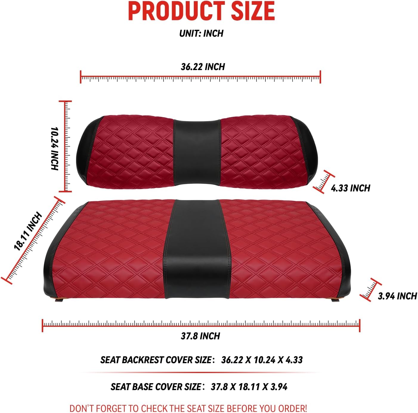 Golf Cart Seat Covers for Club Car DS 2000.5+ Front OEM Universal Seat Cushion, Marine Grade Vinyl Leather Club Car DS Seat Covers/Easy to Install-Deep Red (2PCS)