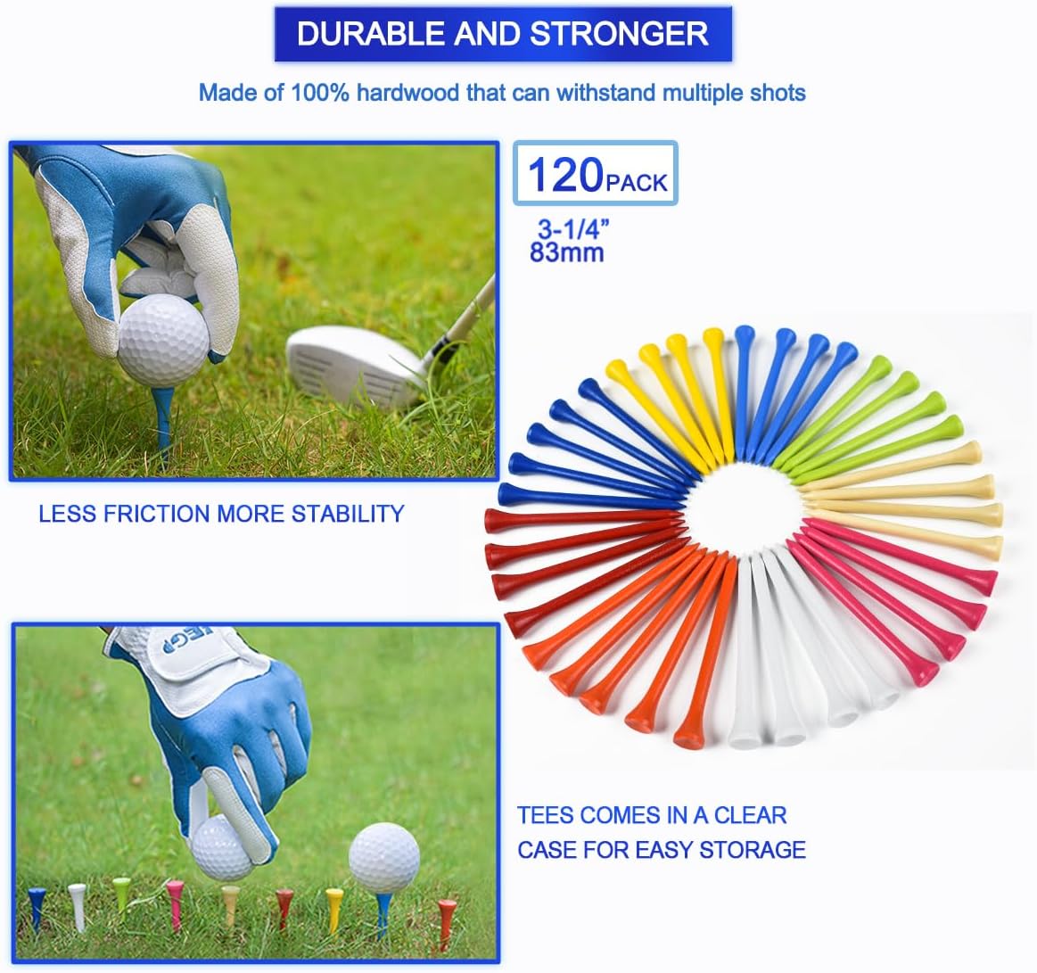Golf Tees Professional Durable Natrual Wooden Golf Tees 3-1/4" -Pack of 120 Bulk, Multiple Colors Mix of Colours,Biodegradable Wood Golf Tees,Reduce Friction Side Spin More Stable 3-1/4 inch