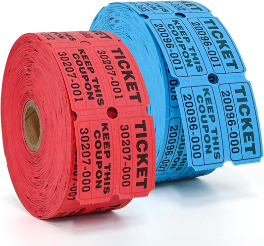 L LIKED 2000 Raffle Tickets Double Rolls 50/50 Stub Tickets with Consecutive Numbers 1000 Pairs per Roll,2 Rolls-Blue,Red