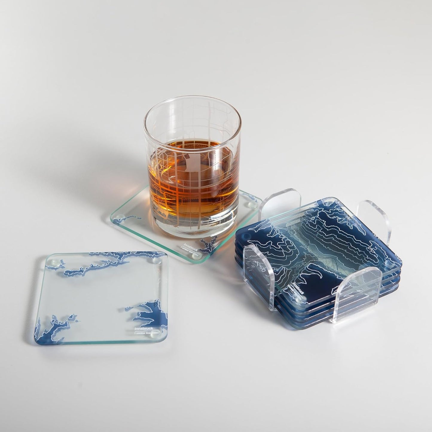 Innsbruck, Austria 3D Contour Map Glass Drink Coasters of Mountains, Ski Resort, Set of 6 with Holder, Housewarming Birthday Gifts, Home Decor