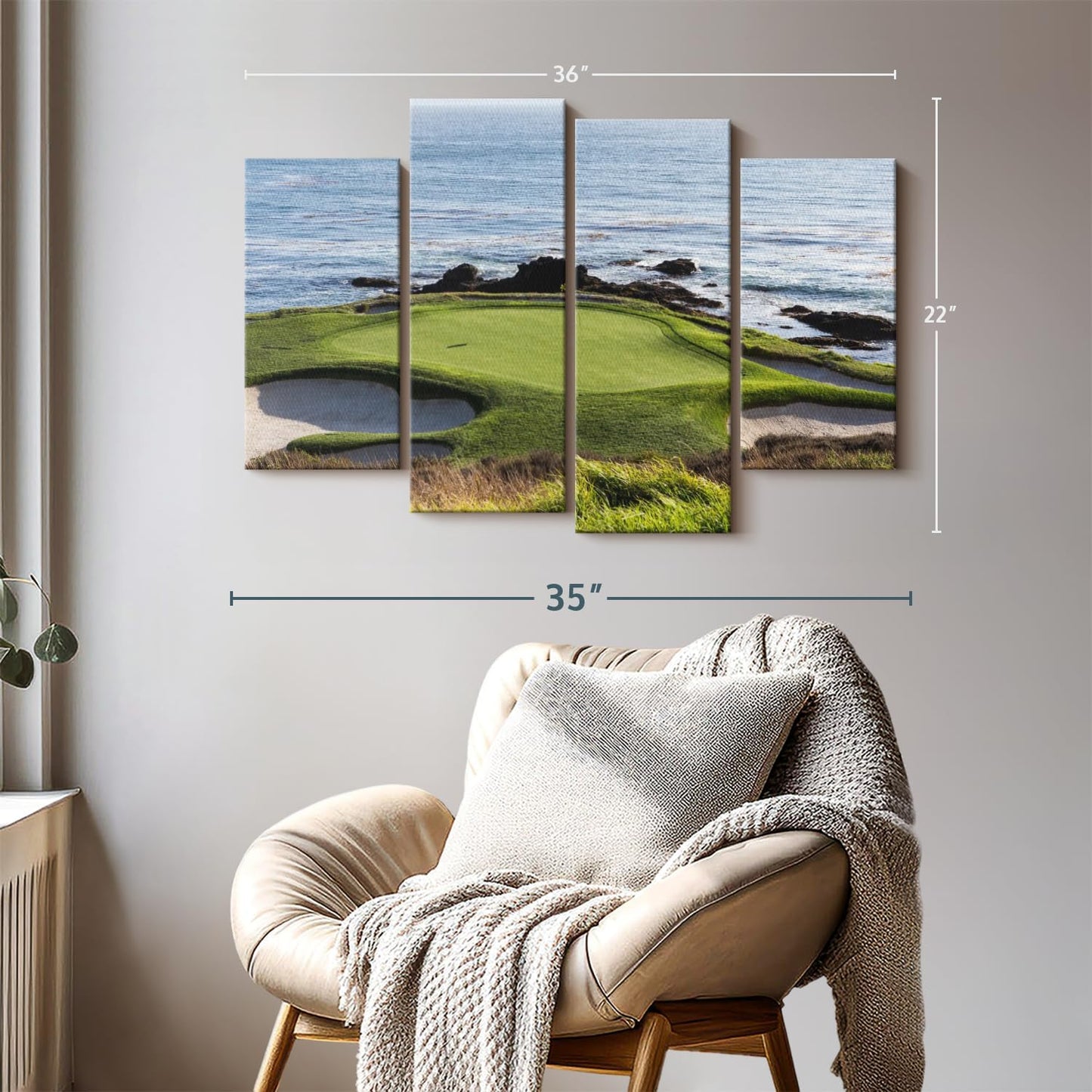 Elephant Stock Pebble Beach Golf Turf Wall Art - Horizontal Canvas - 4-Piece Hallway Wall Decor - Photographic Canvas Print - Brown and Blue Decor for Wall - 36" X 22"