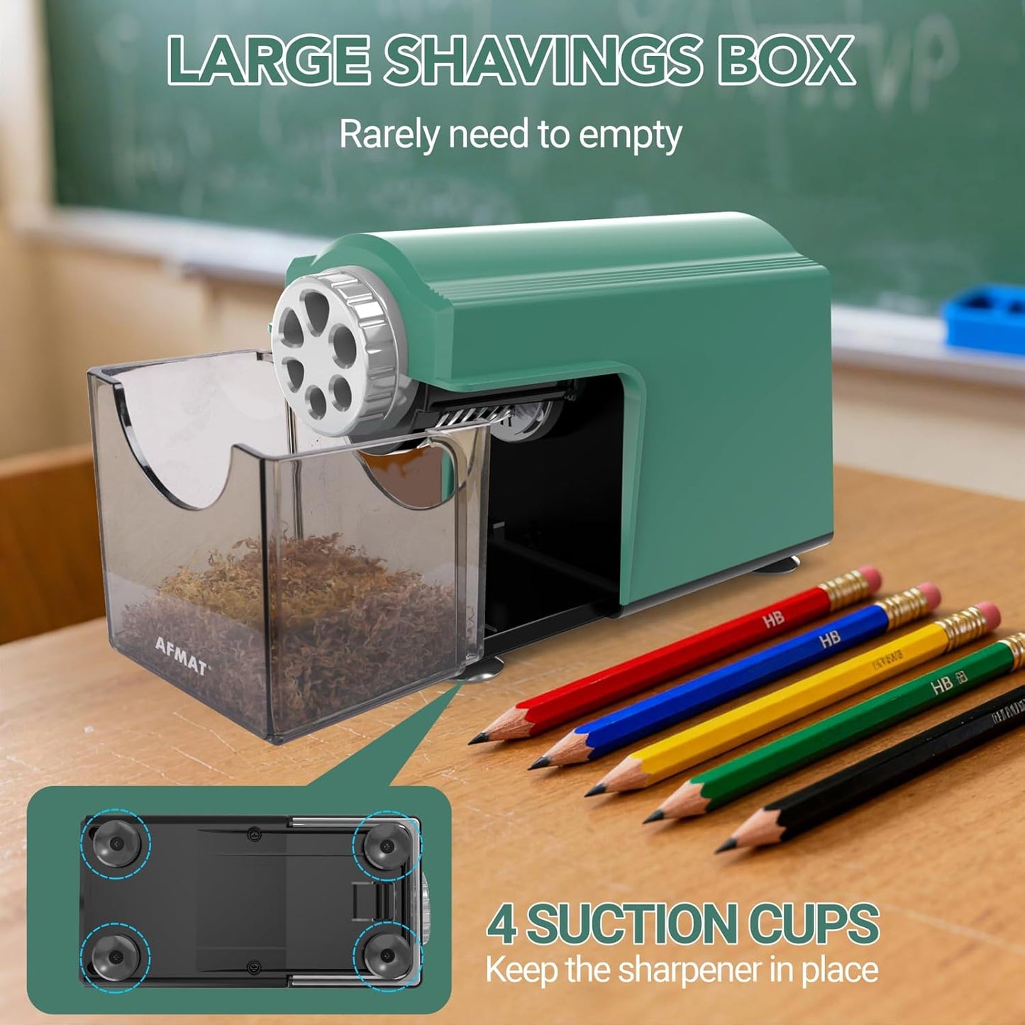 AFMAT PSD4 Electric Pencil Sharpener Heavy Duty, 6 Holes, Cordless & Rechargeable, Super Fast, Auto Stop, 10K+ Uses, Classroom Pencil Sharpener for 6-11mm No.2/Large/Colored Pencils, Green