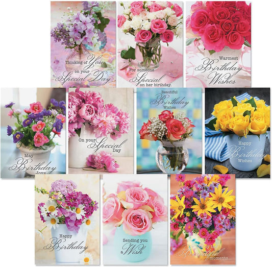 Current Floral Bouquets Happy Birthday Greeting Card Set - Value Pack of 20 Cards With White Envelopes, 10 Designs, Large 5" x 7" Assortment