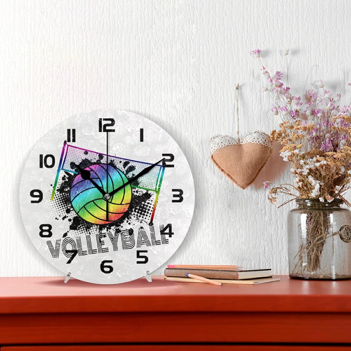 Sport Rainbow Volleyball Wall Clock Silent Non-Ticking,Volleyball 9.5 Inch Round Wall Clock Battery Operated Clock Decor for Boys Room Home Wall Bathroom Kitchen Bedroom Living Room Office Classroom
