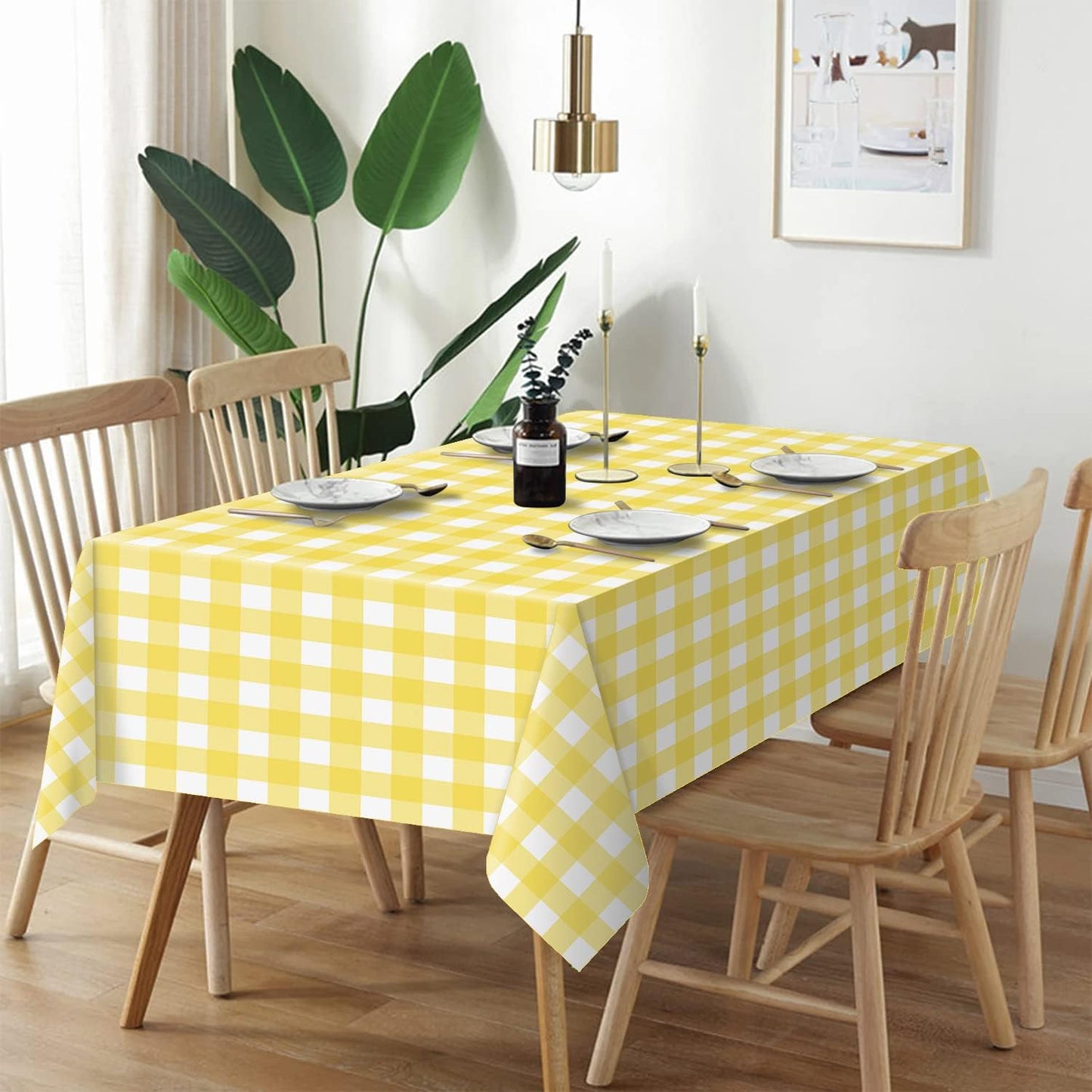 QIKSION Yellow Gingham Tablecloth Disposable 3 Pack, 54 x 108 Inch Yellow and White Checkered Table Cloth for Rectangle Tables, Plastic Table Cover