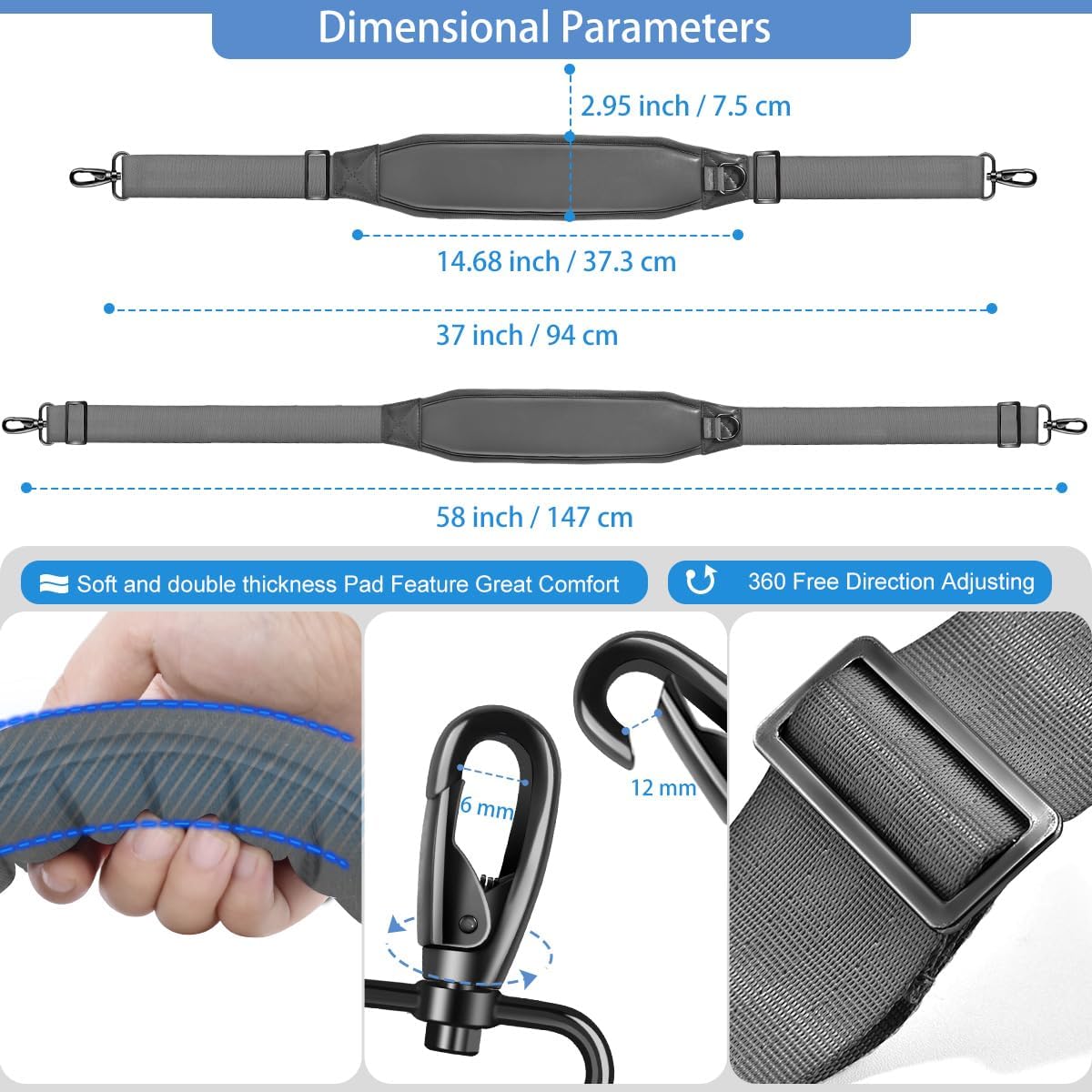 ZINZ 3D Air Cushion 58 inch Strap for Bags with Fixed Ultra-Thick Padded Breathable, Universal Strap with Double Adjustable Buckles and Swivel Hooks for D-ring Bags,Gray