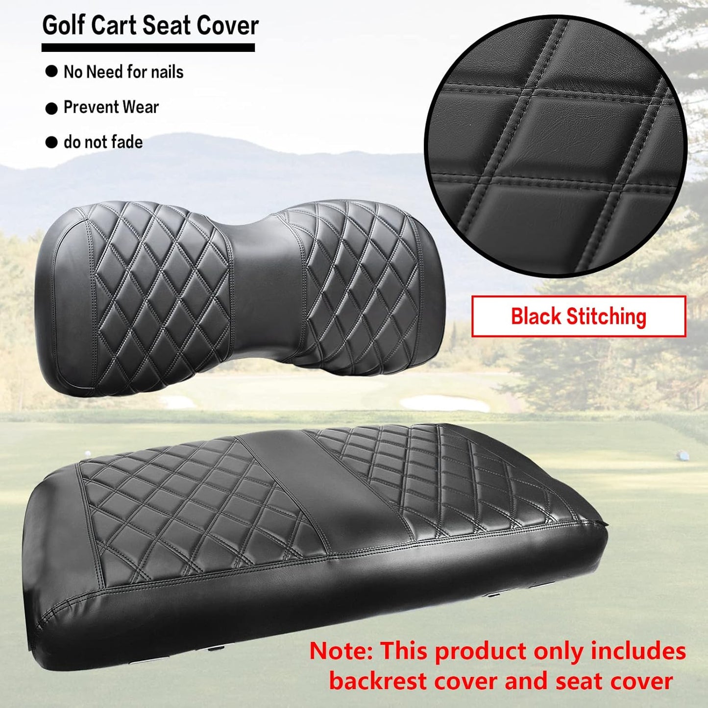 NOKINS Golf Cart YD Diamond Seat Cover for Yamaha Drive/Drive 2 OEM Standard Seat Cushion, No Stapler, Golf Cart Vinyl Replacement Front Seat Cover Black Stitching