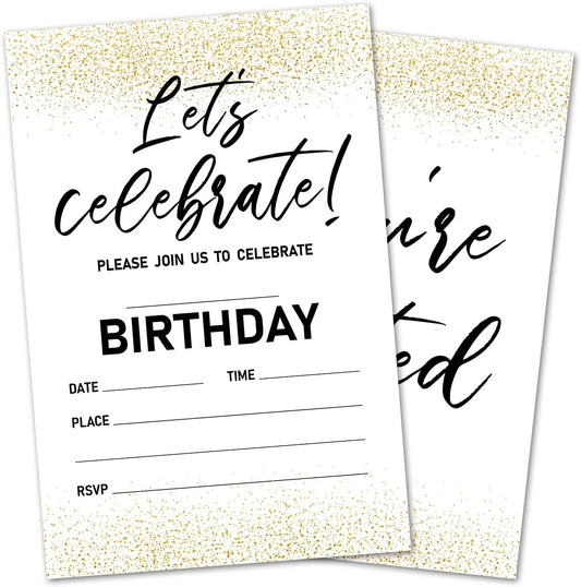 Let's Celebrate! Birthday Invitations, Gold Party Invitations, 20 Double-Sided Fill In Invitation with Envelopes for Teen Boys Girls, Invitations Cards for Birthday Party Decorations Favor - 14