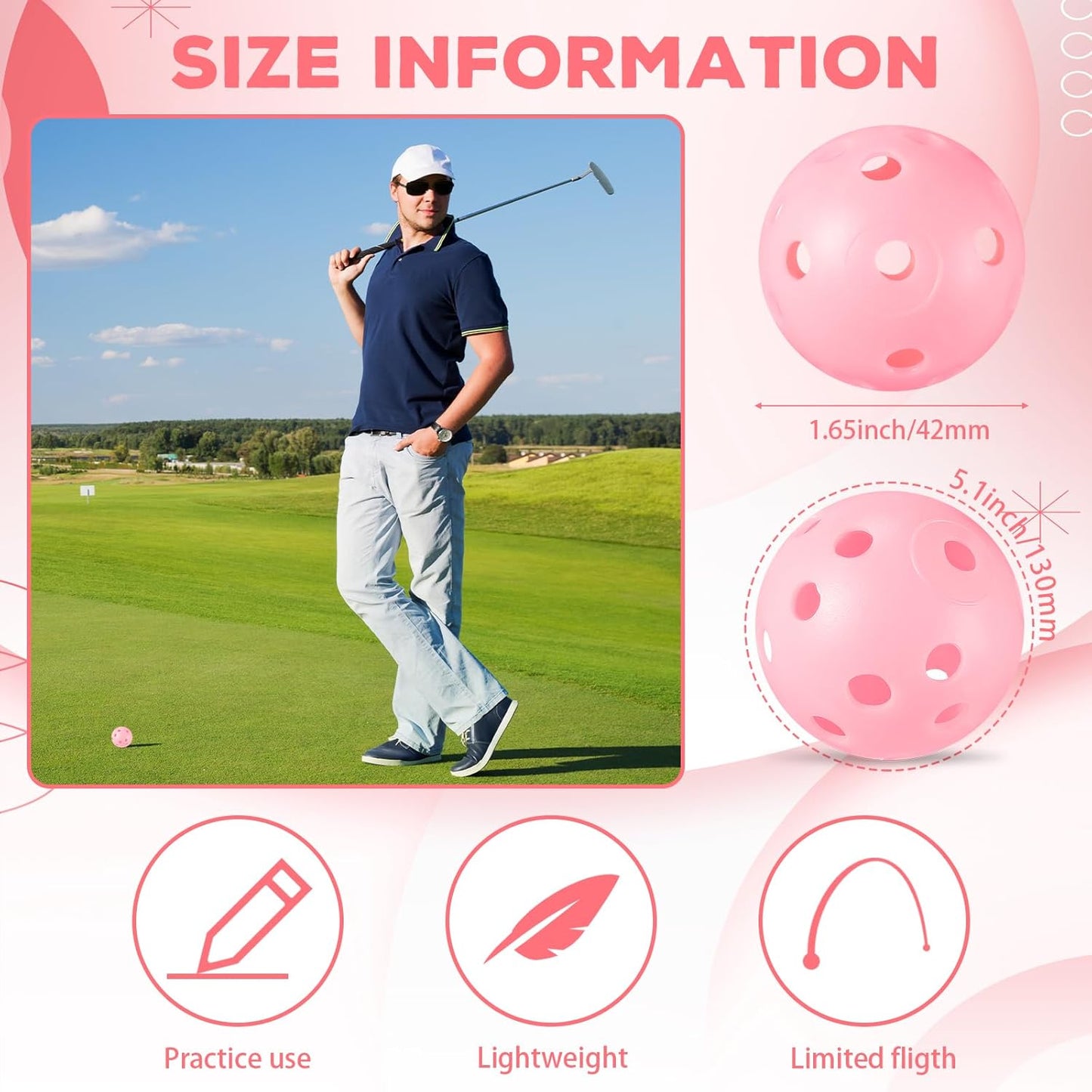 24 Pack Practice Golf Balls 42 mm Limited Flight Plastic Golf Training Airflow Hollow Ball for Driving Range Swing Practice Backyard Indoor Outdoor Home