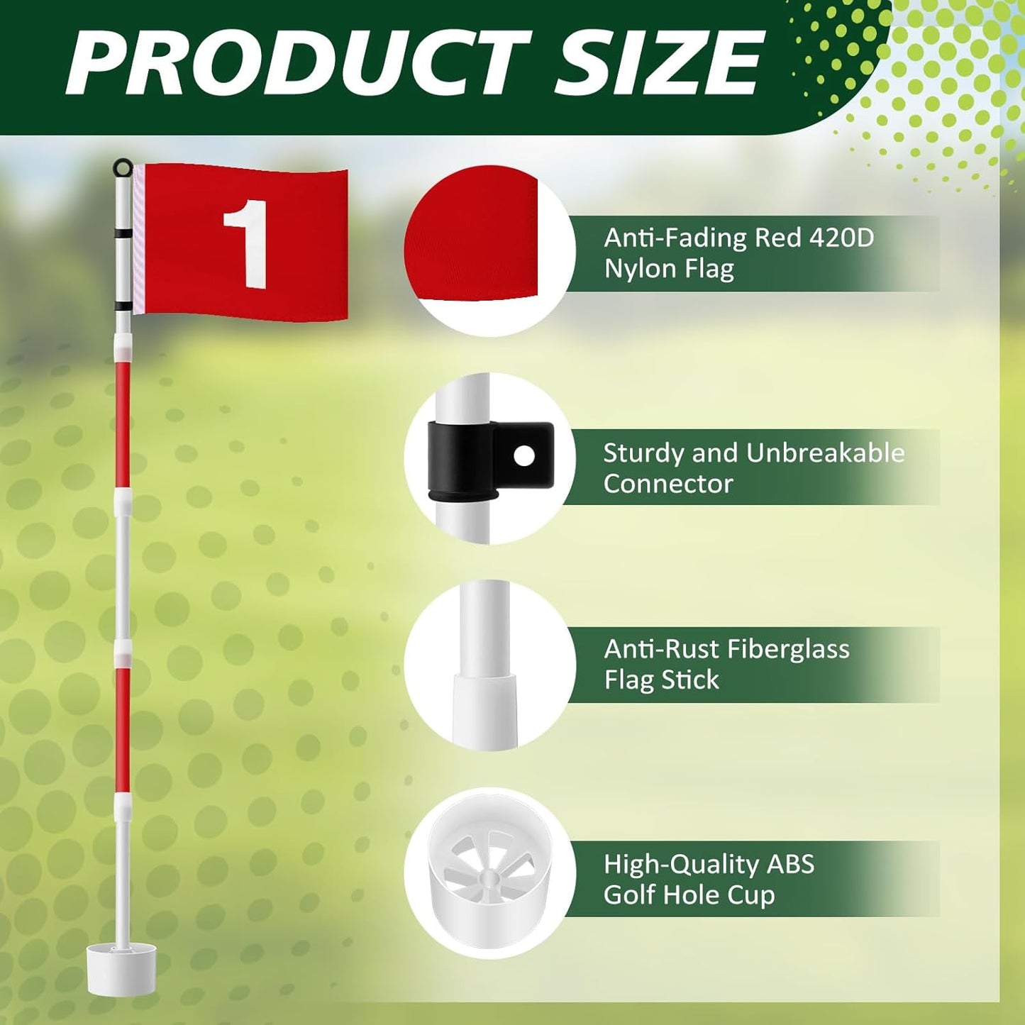 Golf Flagstick 6ft, Golf Pin Flag Hole Cup Set Putting Green Flags and Poles Numbered Golf Flags for Driving Range Backyard, Portable 5 Section Design for Golf Practice, Gift Idea