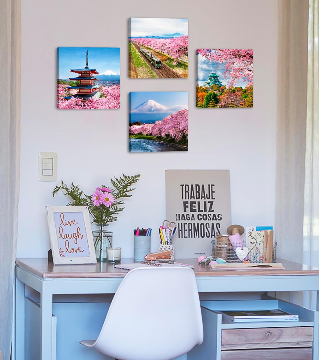 Japanese Cherry Blossom Wall Art - Asian Nature Landscape Romantic Canvas Prints Japanese Mount Fuji Posters Spring Scenery Pictures Modern Artwork for Bedroom Living Room Home Decoration 12"X12"X4