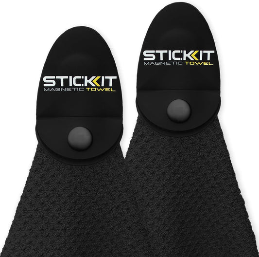 STICKIT Magnetic Towel, Black | 2-Pack | Top-Tier Microfiber Golf Towel with Deep Waffle Pockets | Industrial Strength Magnet for Strong Hold to Golf Carts or Clubs