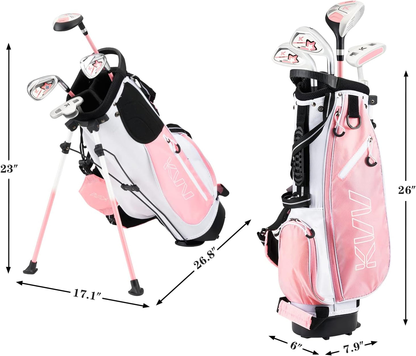 KVV Junior Complete Golf Club Set for Kids/Children Right Hand, Includes Oversize Driver, Irons, Putter, Head Cover, Portable Golf Stand Bag
