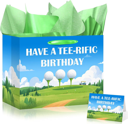 bigniuzi Golf Birthday Gift Bag with Tissue Paper for Men Boy Golf Wrapping Paper and Greeting Card Sports Party Favor Treat Bag for Party Supplies