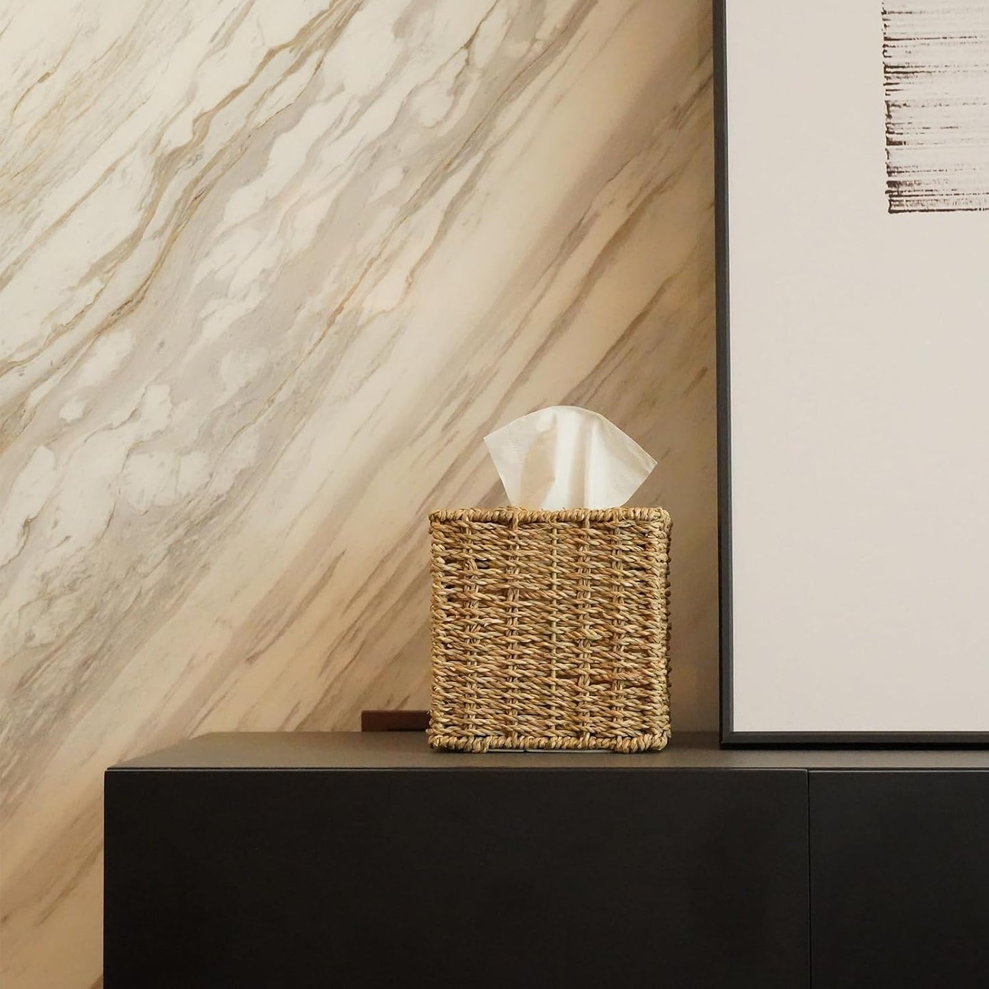 Set of 2 Seagrass Handwoven Wicker Tissue Box Cover, Natural Handmade Napkin Box Holder, Handcrafted Square Facial Tissue Holder for Bathroom, Rustic Decorative on Table and Bathroom,Boho Decorative