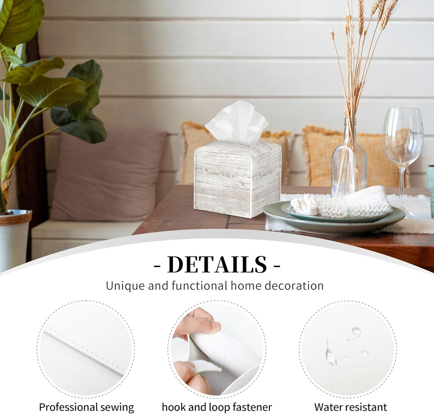 Bless You Tissue Box Cover Square, Wooden Board Texture Tissue Box Holder Waterproof Leather Facial Paper Organizer Dispenser for Bathroom Home Car Nightstand Vanity Desk