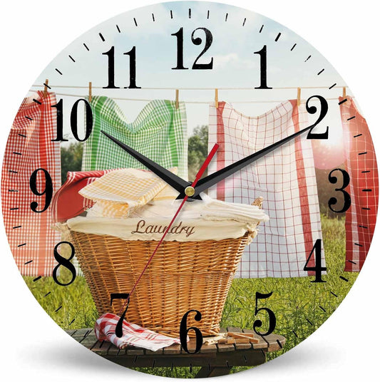 Mxocom Laundry Wall Clock Towels Hang Clothesline Basket Sunny Blue Sky 10 Inch Silent Non Ticking Battery Operated Clock Vintage Round Clock for Living Room Bedroom Bathroom Office Decor