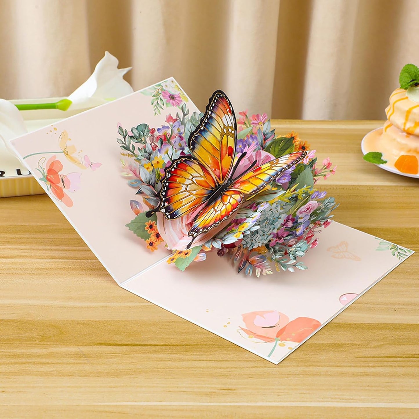 Beautiful Butterfly resting on pink roses pop up birthday card. A beautiful gift for women who love butterflies and roses for Mother's Day, Thanksgiving, Women's Day, Wedding Anniversary,with envelope.