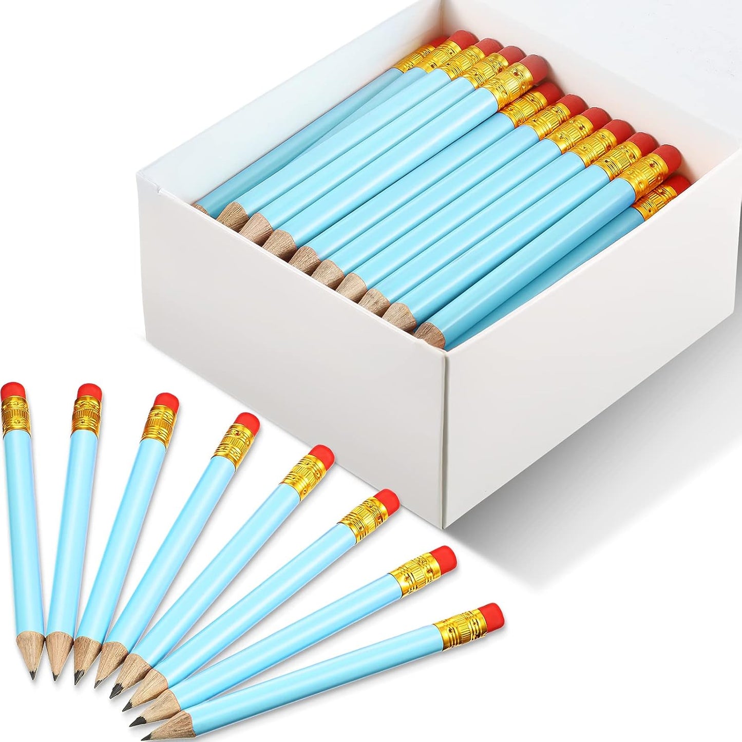 Outus 72 Pieces Golf Pencils Half Pencils with Eraser Mini Bulk Short #2 HB Pre Sharpened for Bridal Shower Wedding Office(Light Blue)