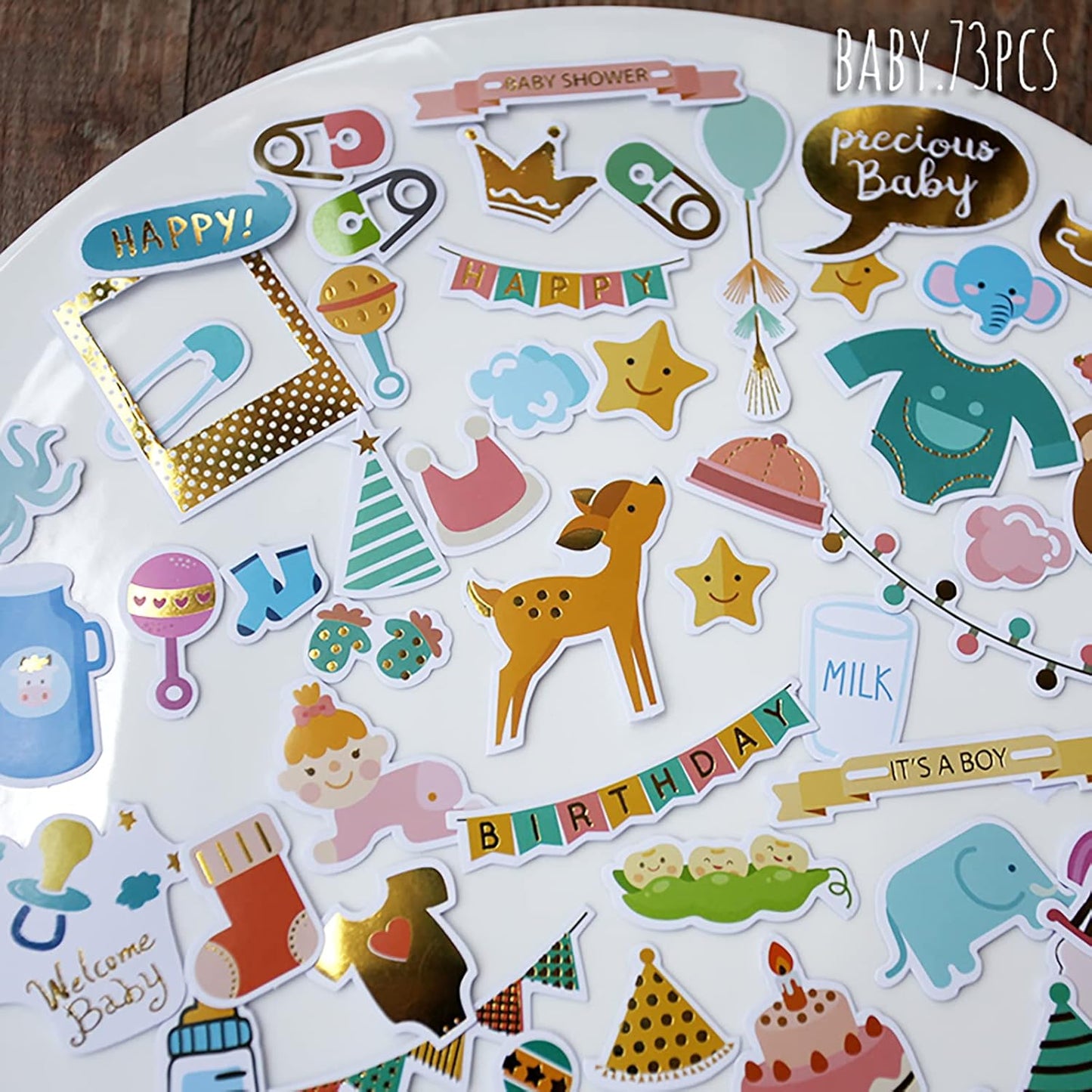 Doraking 73PCS Baby Loves Foil Gold Decorative Stickers for Scrapbook Journals Birthday Party Invitation Cards Kids Gift Wrap Stickers, Doraking No-Repeat Cute Cartoon Stickers (Baby)