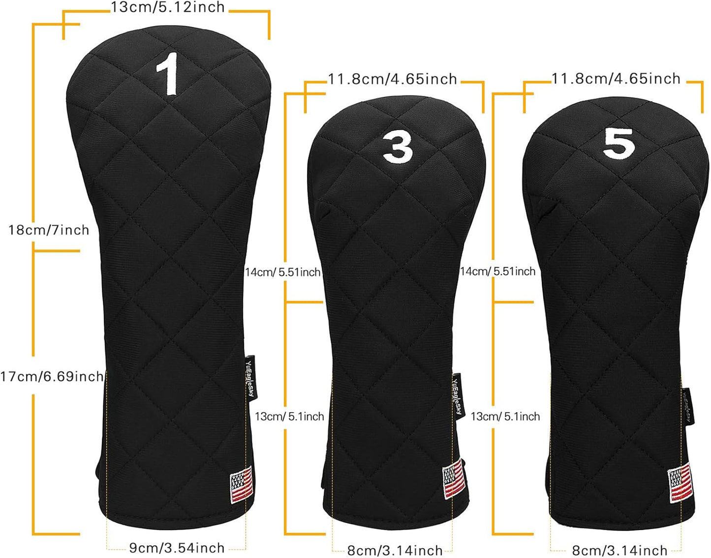 Golf Head Covers Driver Fairway #3#5 Hybrid USA Flag for Club Men Women, (Black or White)